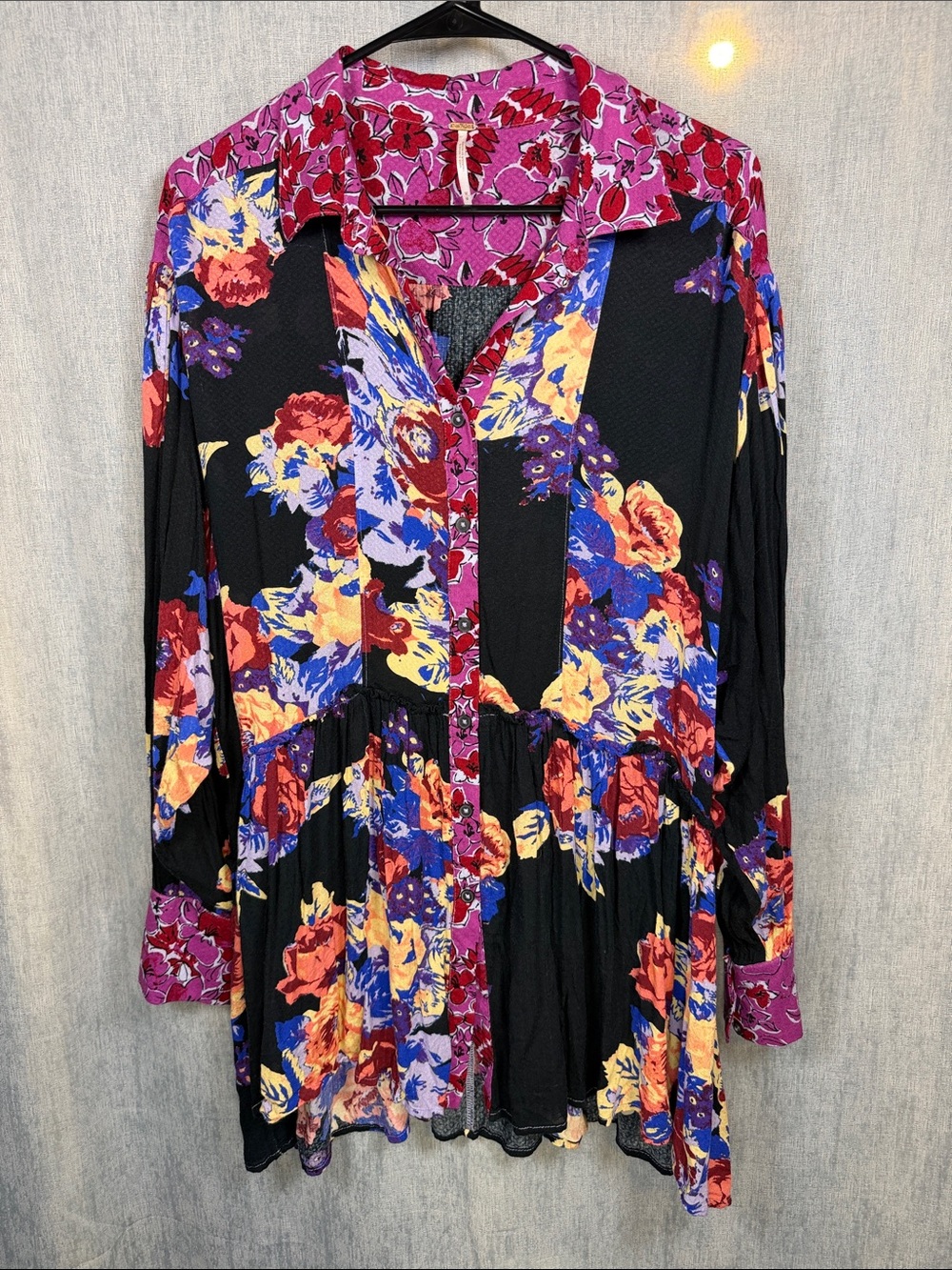 Free People Brunch A Bunch Tunic Floral Boho Button Front Long Sleeve M